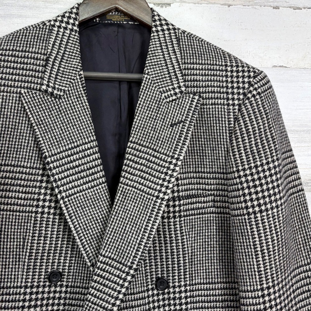 Evan-Picone Blazer 40R Black White Houndstooth Vintage 80s Double Breasted Wool
